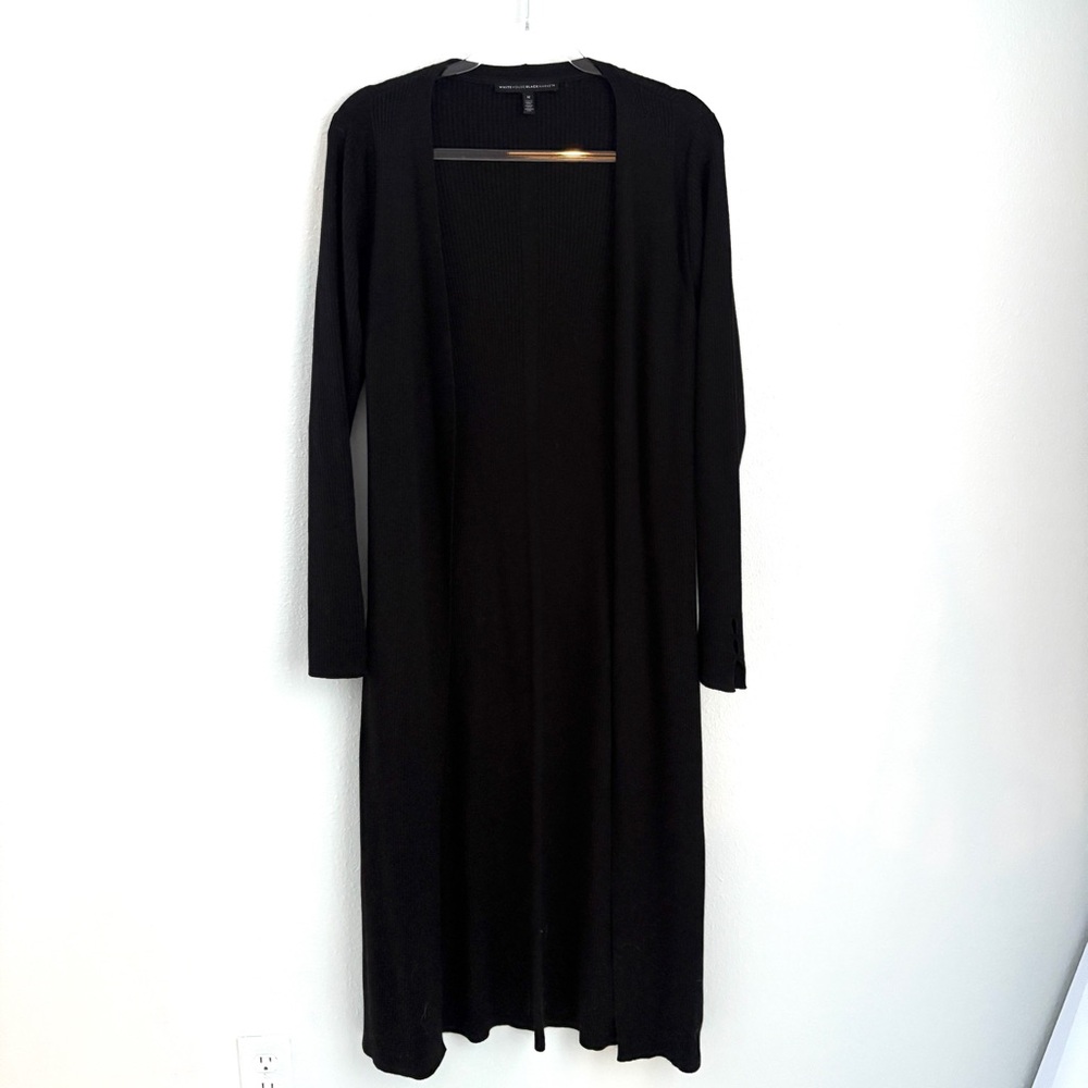 White House Black Market | Elegant Long Black Open Front Ribbed Cardigan Size M